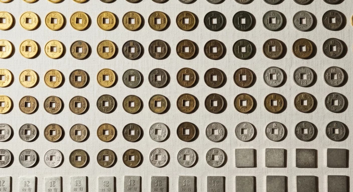 日本古銭を俯瞰で並べた展示イメージ — 今週の再注目