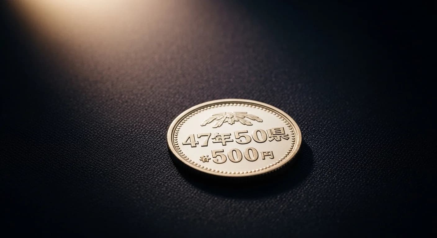 地方自治法施行60周年記念500円バイカラー・クラッド硬貨。外周の白銅と内円のニッケル黄銅が美しいコントラストを作る