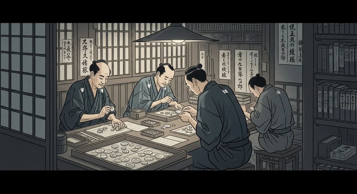 銀座の職人が銀貨の純度を鑑定する様子