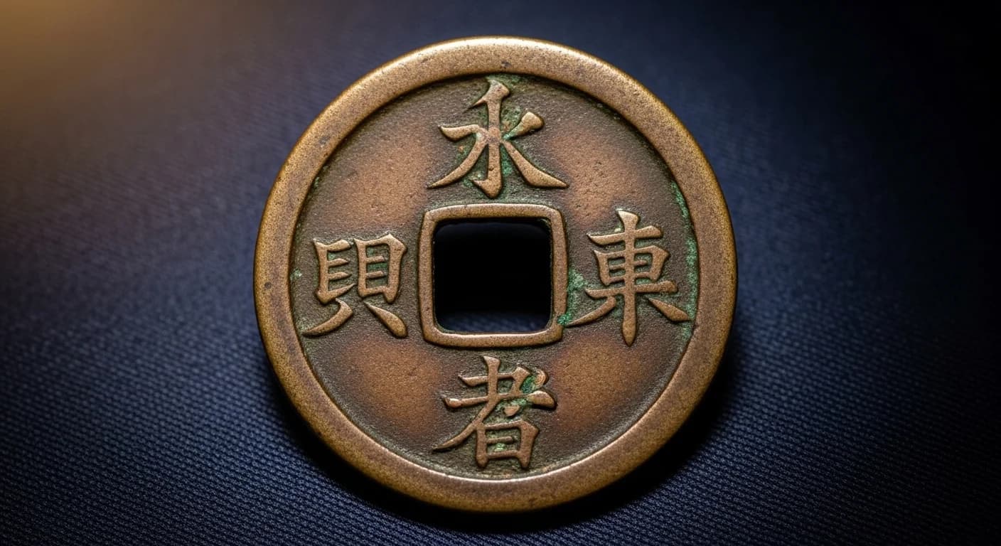 永楽通宝の表面。四角い穴の周りに「永楽通宝」の文字が刻まれている。古びた銅の色合い。