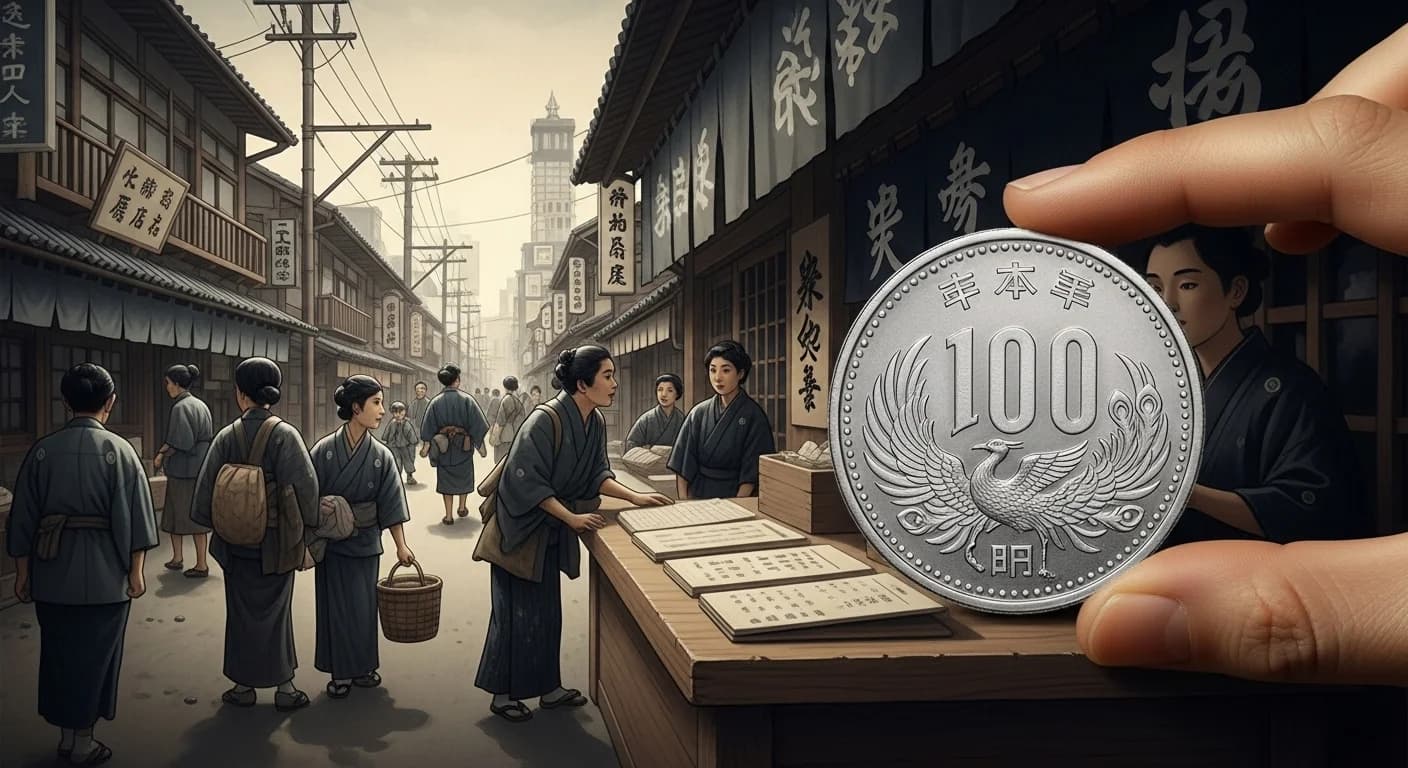 昭和30年代の日本の街並みと、新しく発行された鳳凰100円銀貨