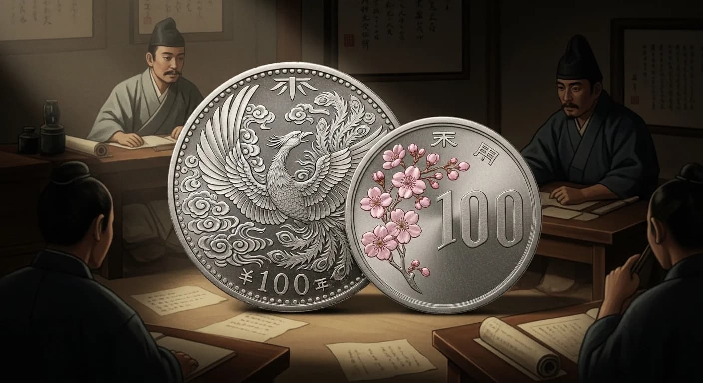 鳳凰100円銀貨から桜100円白銅貨への交代を示すデザインの比較