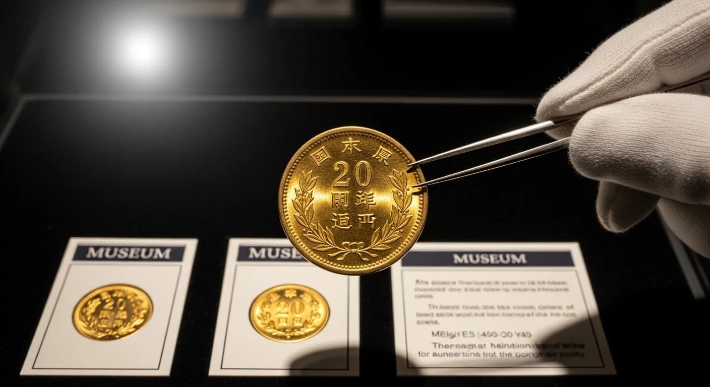 旧20円金貨の明治3年銘 — 大阪造幣局開局前の試鋳品とされる極希少な金貨の展示品