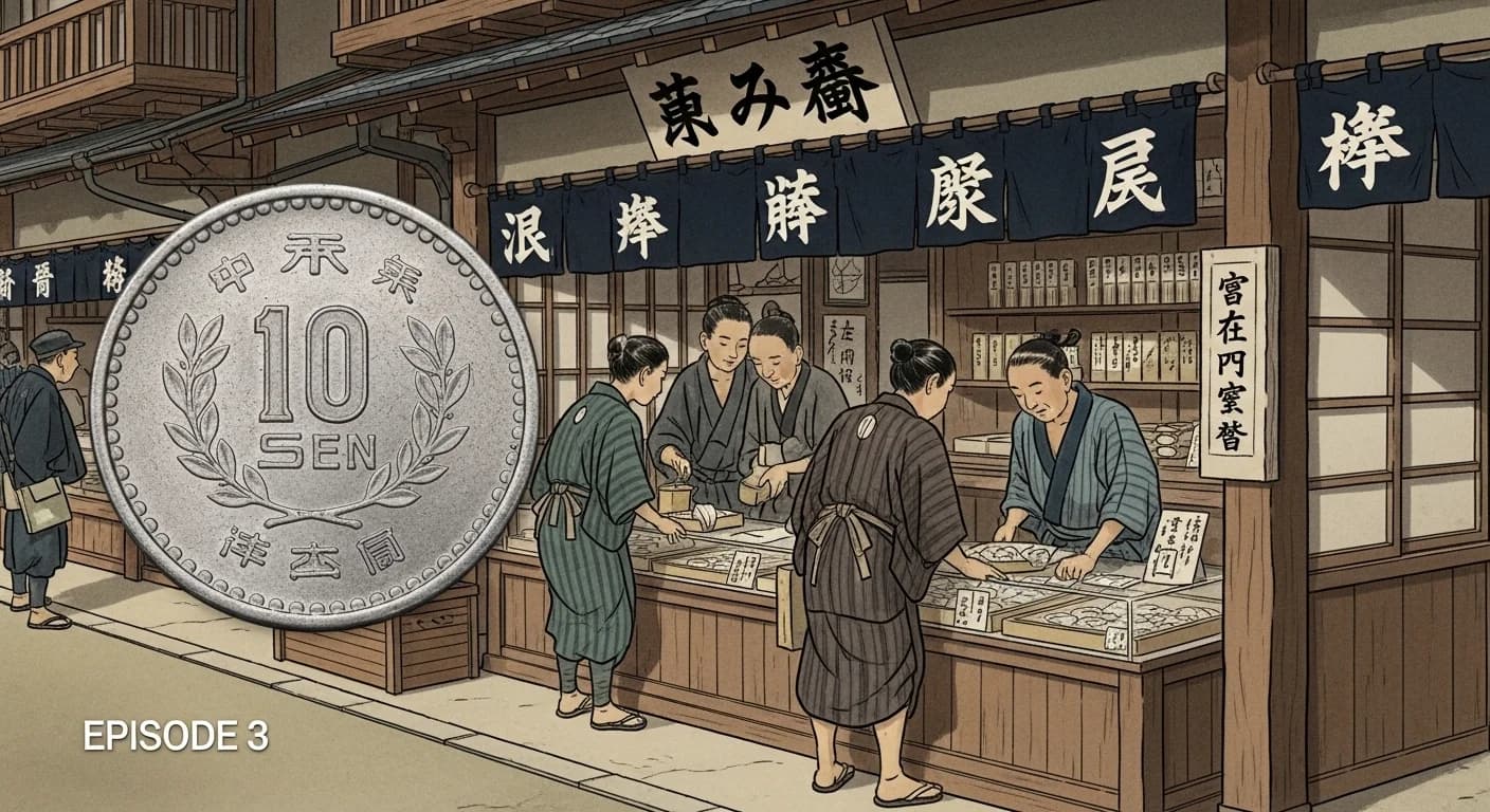 昭和10年代の日本の商店。商品が少なく、人々が買い物をしている様子。
