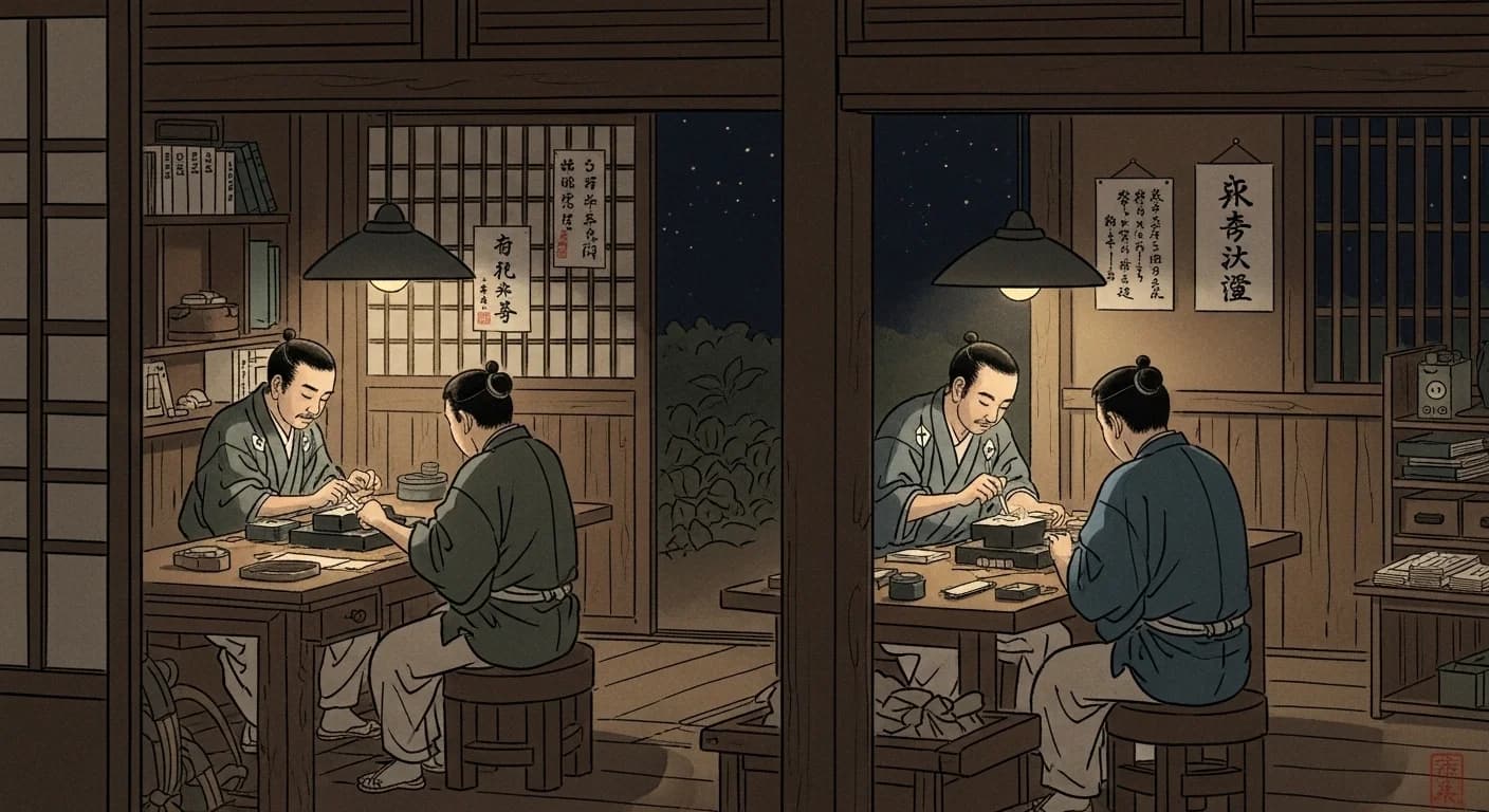 夜間にひっそりと私鋳銭を鋳造する職人たち