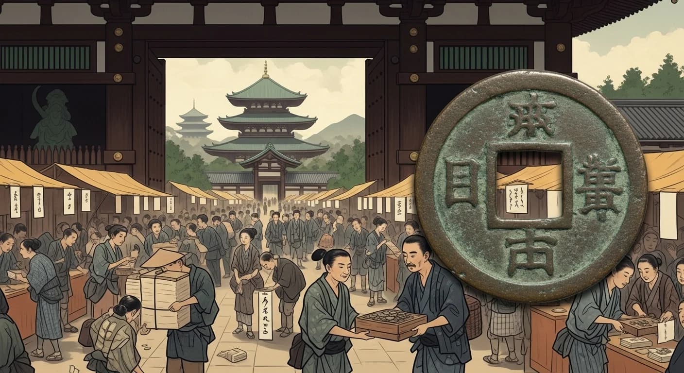 江戸時代の奈良の賑やかな門前市場の様子。東大寺や興福寺の巨大な伽藍を背景に、多くの人々が商品を行き交わせ、銭貨での取引が行われている。