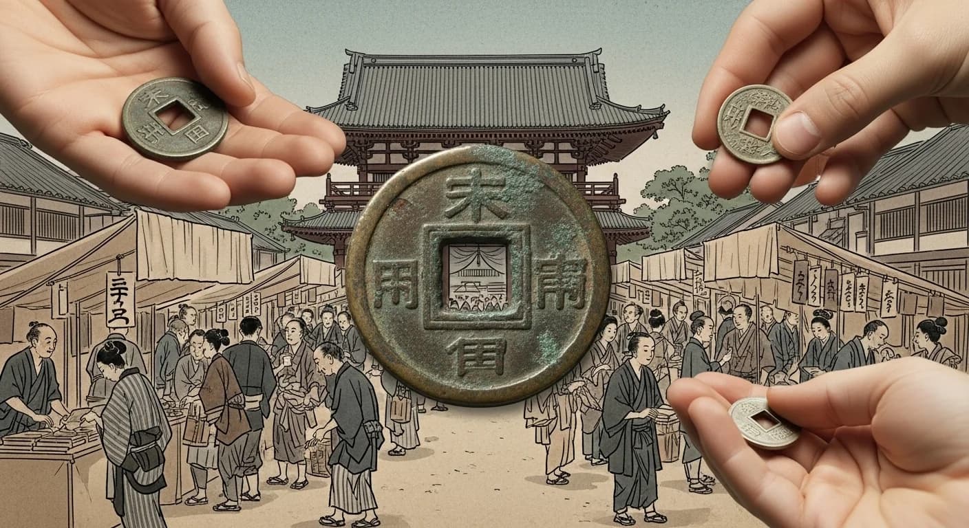 東大寺大仏殿の門前で、多くの人々が露店で買い物をしたり、談笑したりしている。銭をやり取りする手元がクローズアップされている。