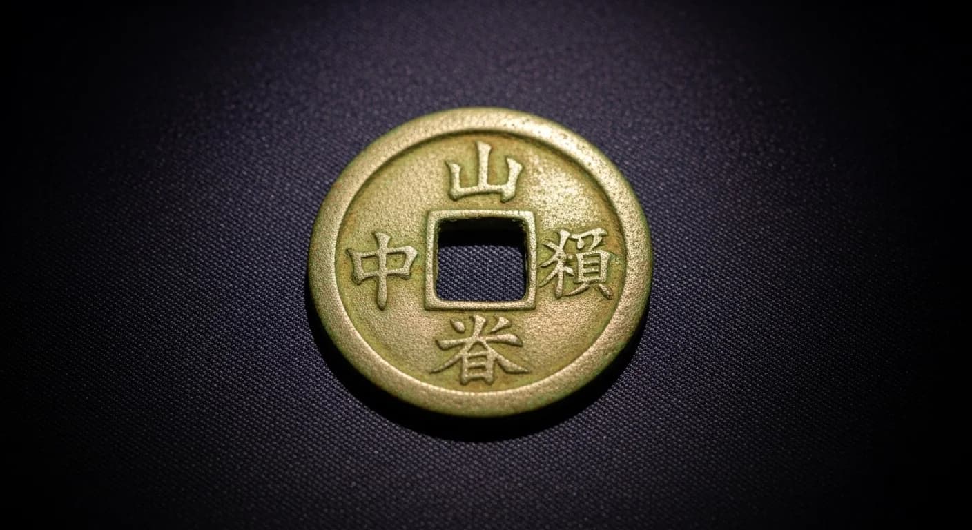 大和鋳寛永通宝の表面。文字は他の寛永通宝と異なる独特の書体で、「寛永通宝」の四文字が刻まれている。銅の古びた色合いが特徴。