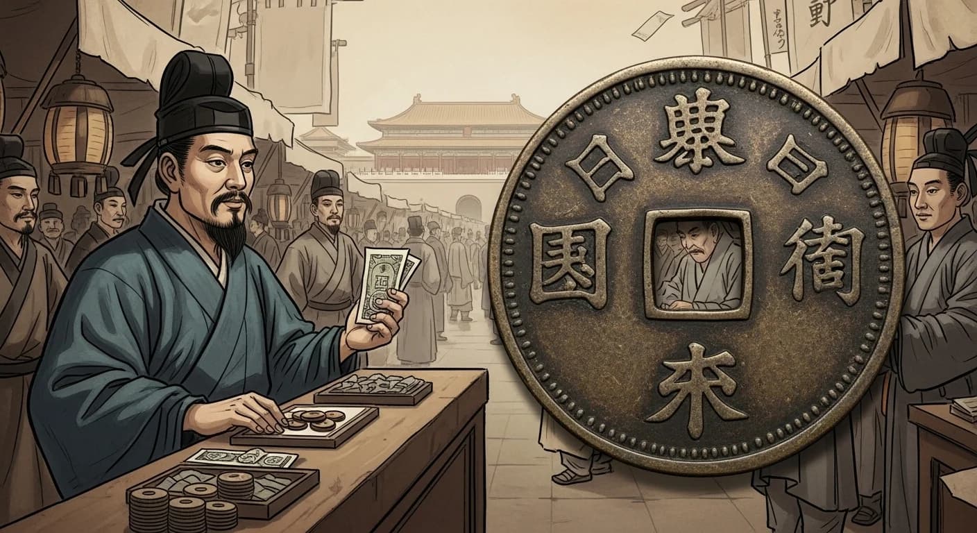 元朝時代の中国の風景。大都（現在の北京）の市場で人々が交鈔（紙幣）と銅銭を使用している様子。遠景には壮麗な宮殿が見える。