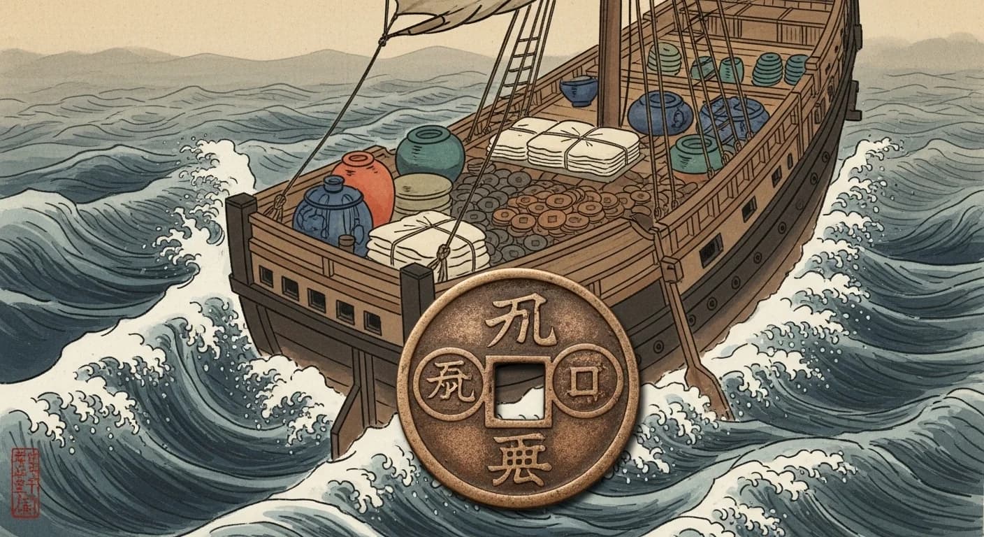 元代の商船が荒波の東シナ海を航行している様子。船倉には陶磁器や生糸、そして大量の銅銭が積まれている。
