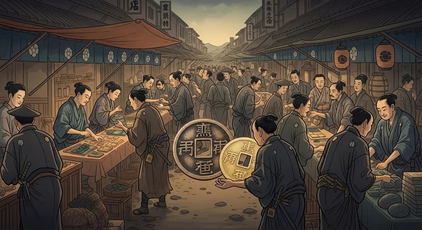 中世日本の博多の市場。商人たちが宋銭と元銭を混ぜて使い、様々な商品を売買している。活気ある人々の様子。