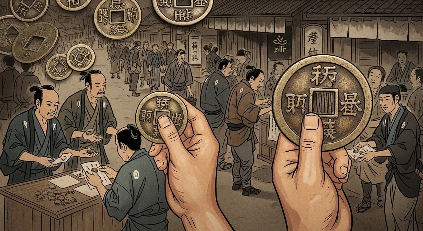 室町時代の日本の町並み。人々が永楽通宝や洪武通宝などの明銭を主に使い、元銭は徐々に姿を消していく様子。