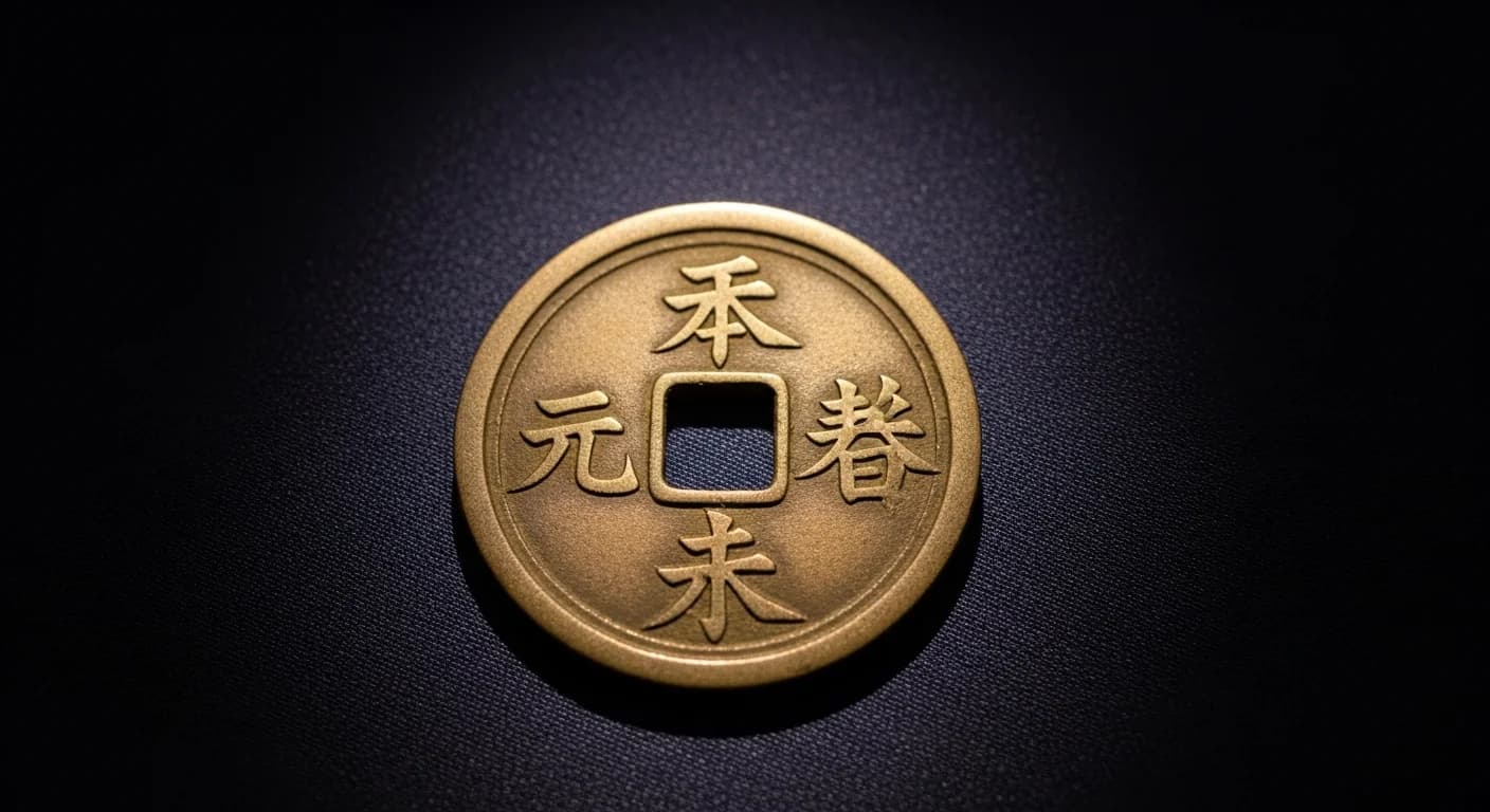 元代の銅銭、至元通宝と大元通宝の複数枚の画像。中央に漢字で「至元通宝」または「大元通宝」と書かれ、周りに文字が刻まれている。歴史を感じさせる古びた銅の色合い。