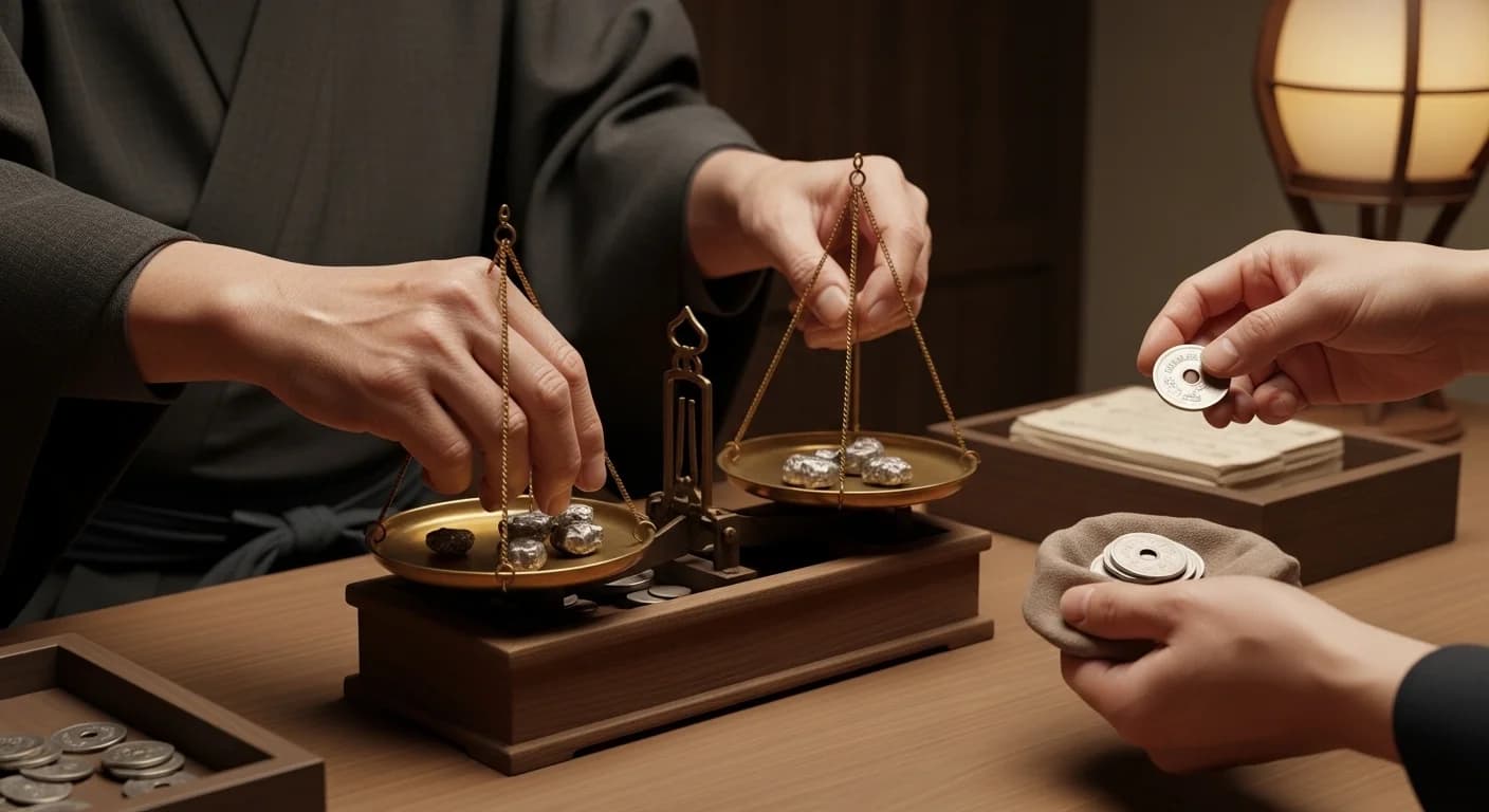 流通する江戸時代の銀貨を使う商人たち