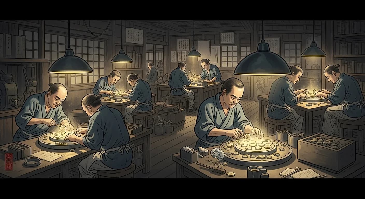 平成即位記念金貨の鋳造風景