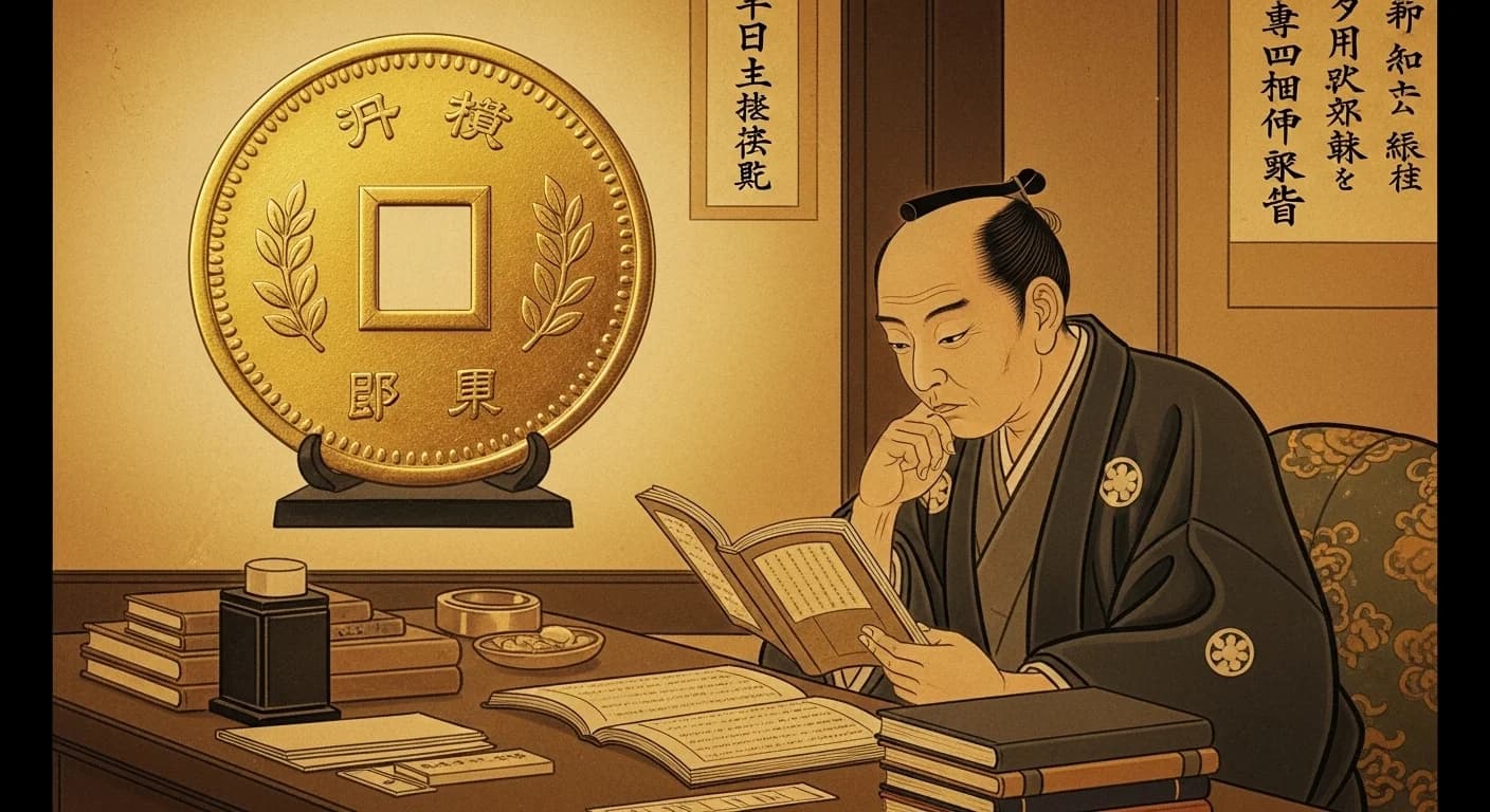 新井白石が机に向かい、書物を読みながら貨幣改革の構想を練っている様子。彼の後ろには新しい小判の模型が置かれている。