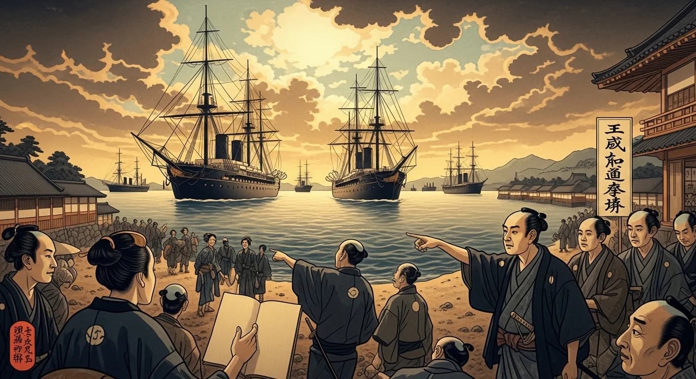 嘉永6年(1853年)のペリー来航を描いた錦絵。黒船が江戸湾に現れた瞬間を表現している