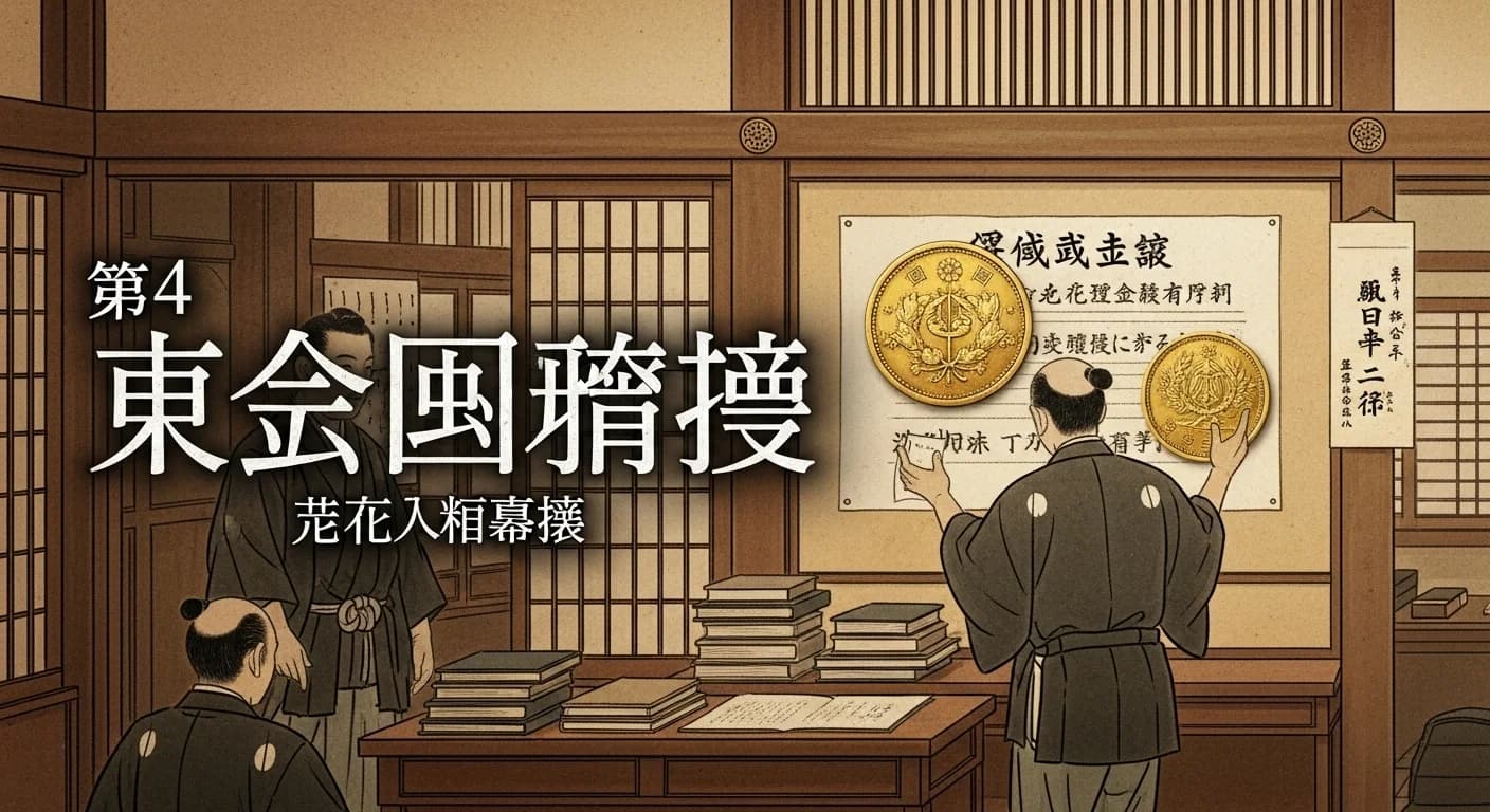 明治初期の政府機関。古い金貨を回収する公告が掲示されている様子を描いた図