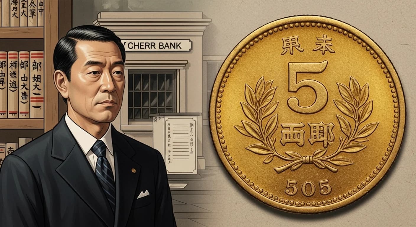 明治初期の日本の風景と、西洋の銀行が描かれたイラスト