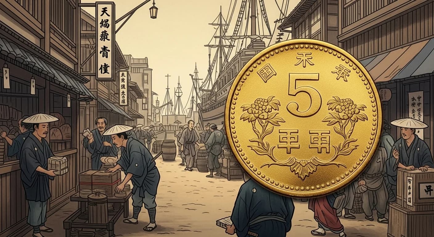 明治時代の日本の港で、外国船から荷物が降ろされる様子