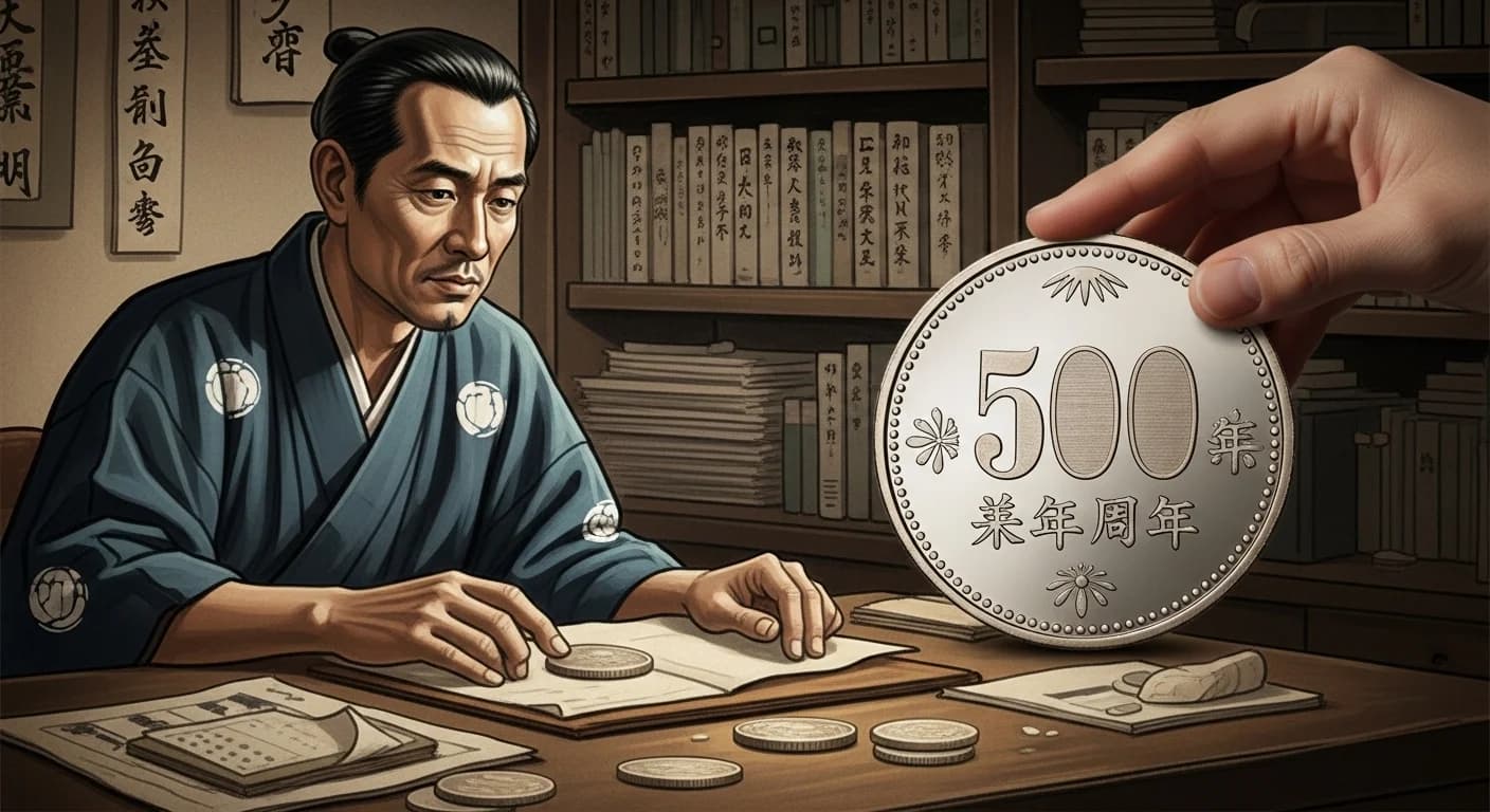 天皇在位60周年500円にまつわる歴史的場面(第1章)