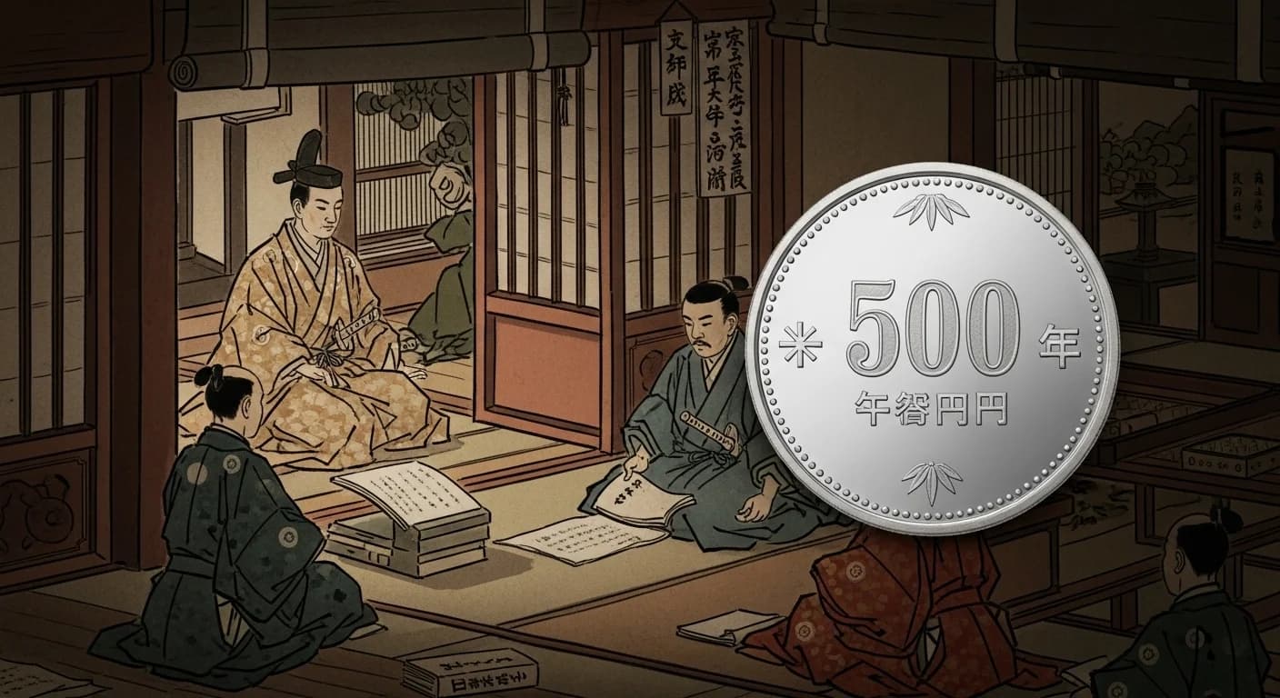 天皇在位60周年500円にまつわる歴史的場面(第4章)
